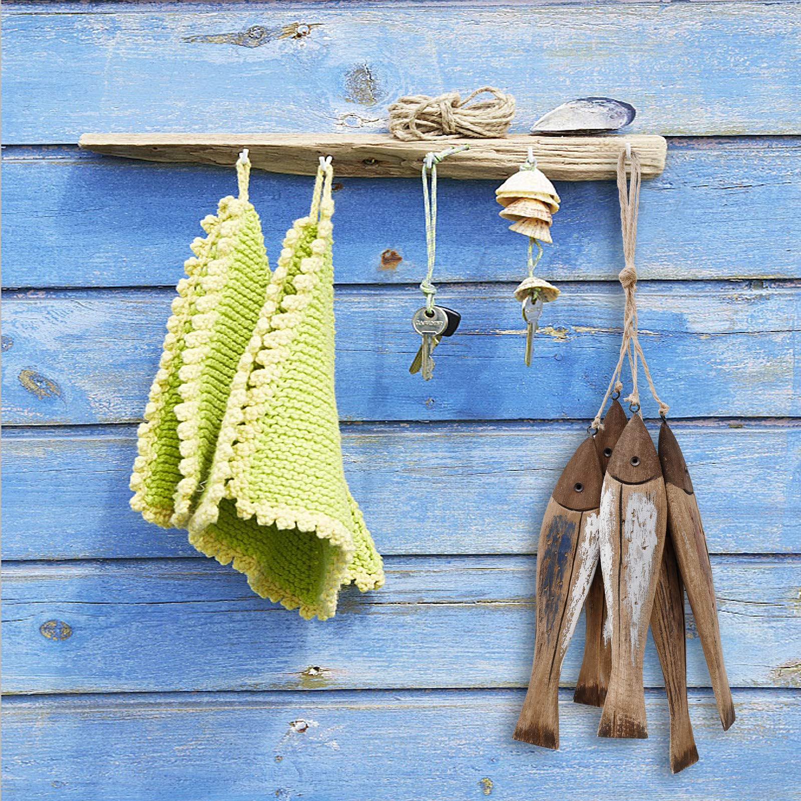 K KILIPES 5-Piece Distressed Wood Fish Wall Decor Set - Nautical Home Ornaments for Living Room, Bathroom & Beach House Decor - Rustic Coastal Wall Hanging Art for Indoor & Outdoor Use