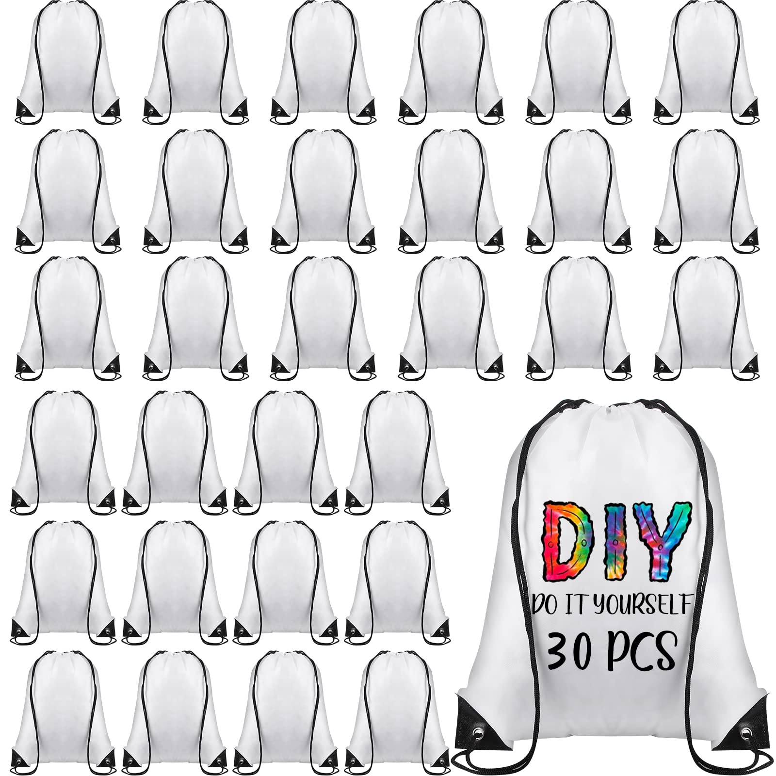30 Pack White Sublimation Drawstring Bags - Reusable Polyester Cinch Sack Backpacks for Heat Press, DIY Crafts, Gym & Sports - Bulk Sublimation Blank Bags for Custom Printing & Personalization