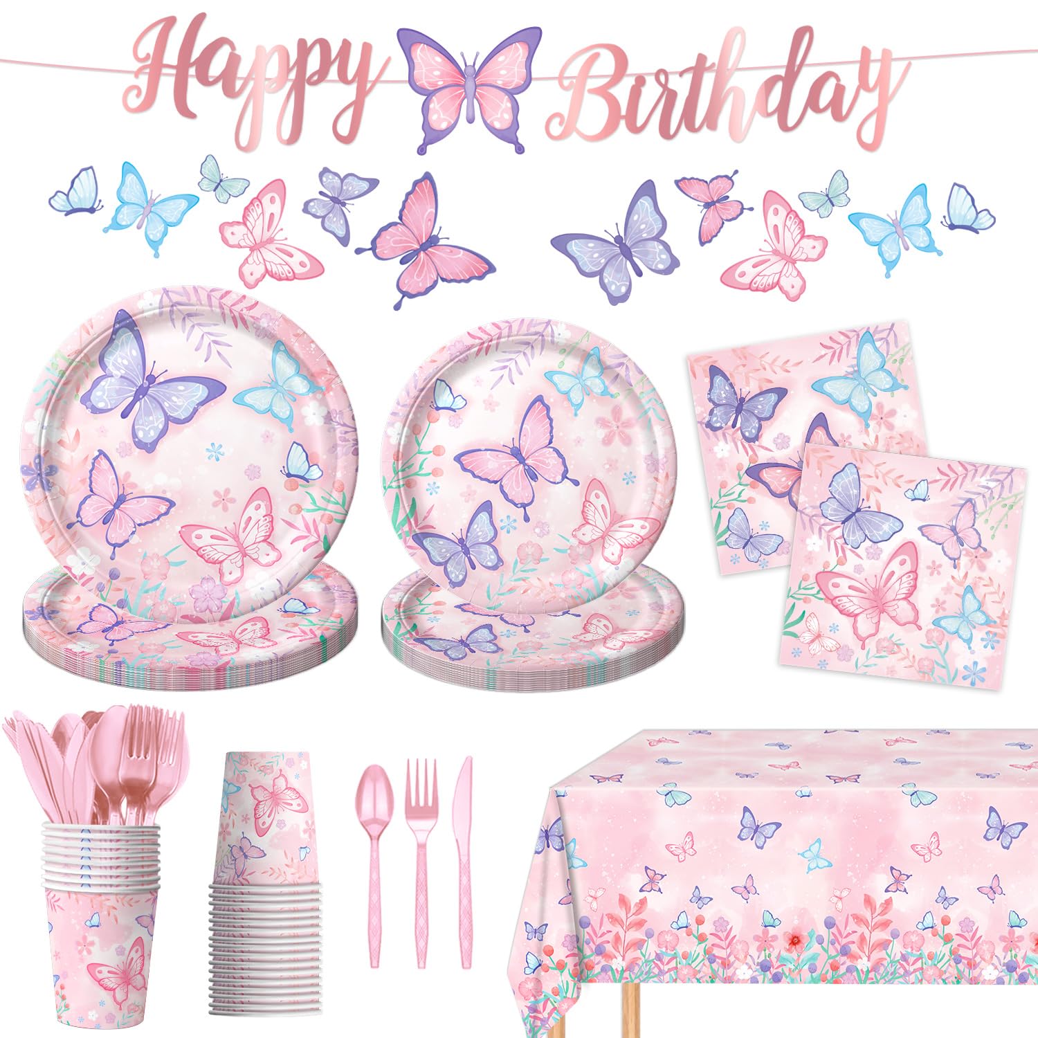 178 PCS Butterfly Themed Birthday Party Supplies Set - Disposable Paper Plates, Napkins, Cups, Cutlery, Tablecloth, Banner & Hanging Swirl Decorations - Perfect for Girls' Birthday Parties, Baby Showers & Garden Themed Events (Serves 25)