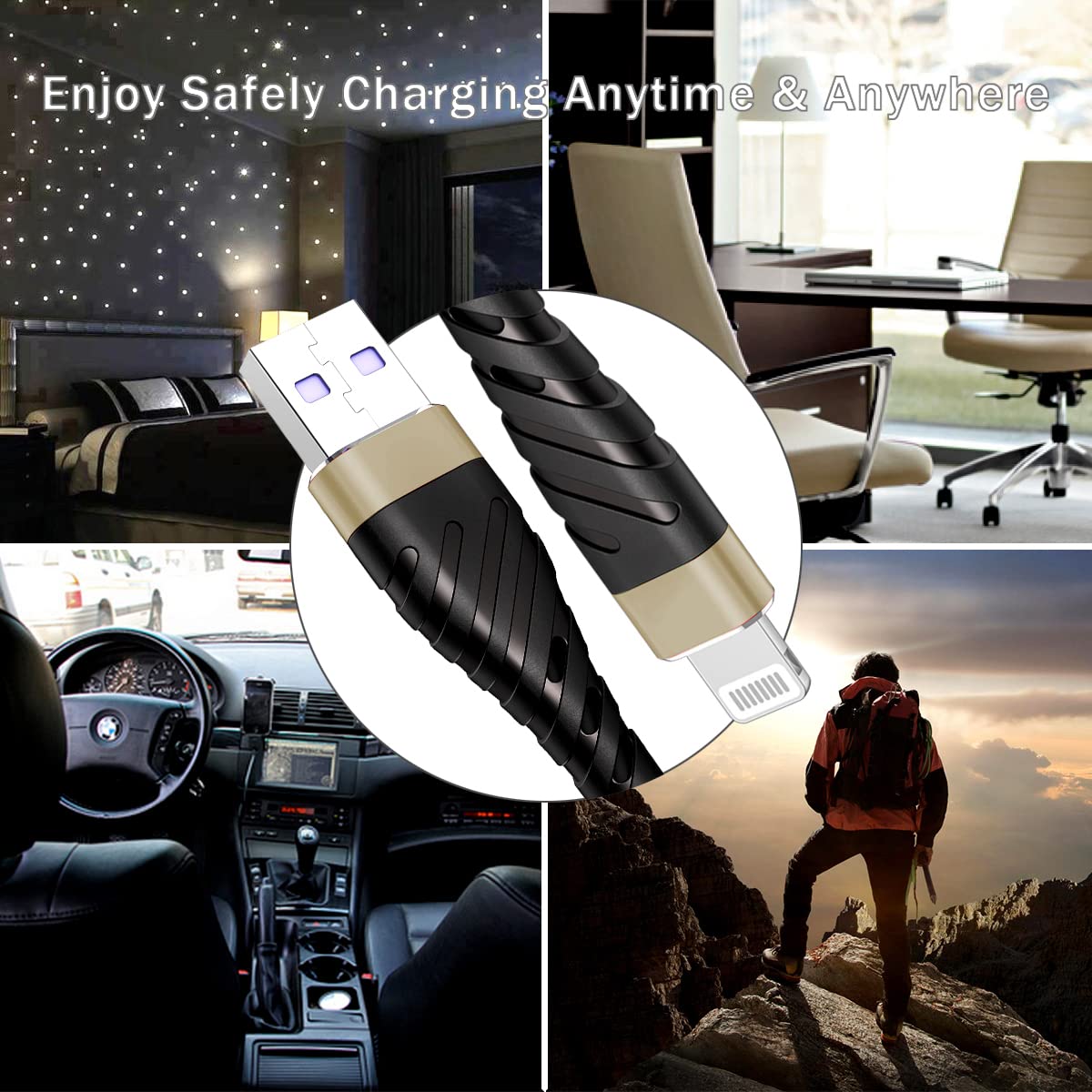 OIITH MFi Certified iPhone Charger Cable 3 Pack - 6ft Lightning Charging Cord with Fast 2.4A Charging for iPhone 12/11/XS/Max/XR/X/8/8 Plus/7 Plus/6 & iPad - Gold | Perfect for Home, Office & Travel Charging