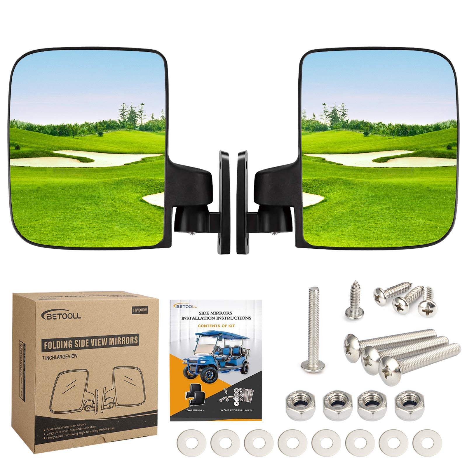 BETOOLL HW9008 Universal Golf Cart Folding Side View Mirrors - Compatible with Club Car, EZGO, Yamaha, Star & Zone Carts - Enhance Safety & Visibility on Golf Courses & Neighborhood Streets