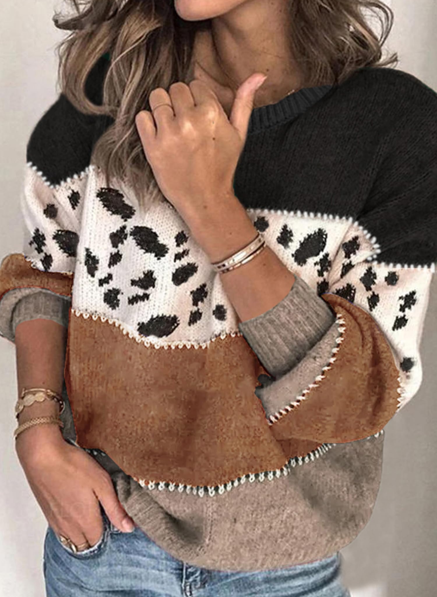 Angashion Women's Casual Long Sleeve Crewneck Color Block Patchwork Pullover Knit Sweater - Cozy Winter Fashion for Office, Dating & Weekend Outfits