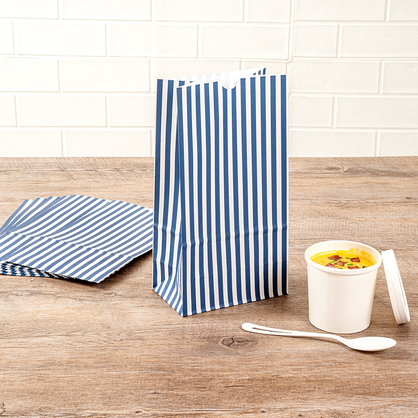 Blue and White Striped Paper Bags - 6 lb Capacity, 6 x 3.5 x 10.75 Inches - Pack of 100 - Perfect for Retail Shopping, Gift Wrapping & Party Favors