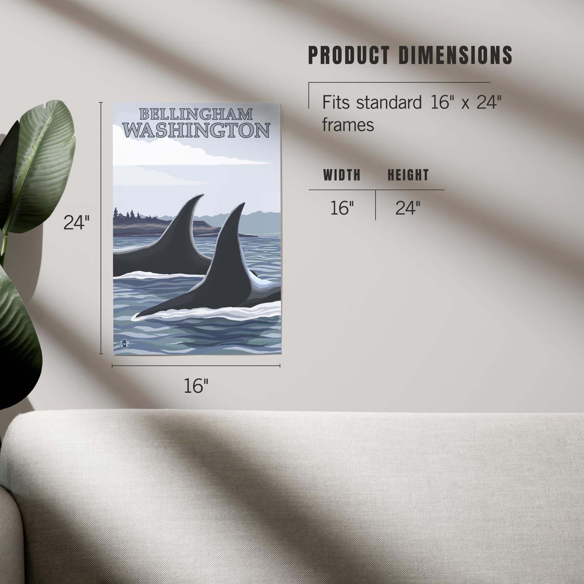 Lantern Press 16x24 Inch Giclee Art Print - Bellingham Washington Orca Whales Wall Decor #1 | Premium Quality Whale Painting for Living Room, Bedroom & Office