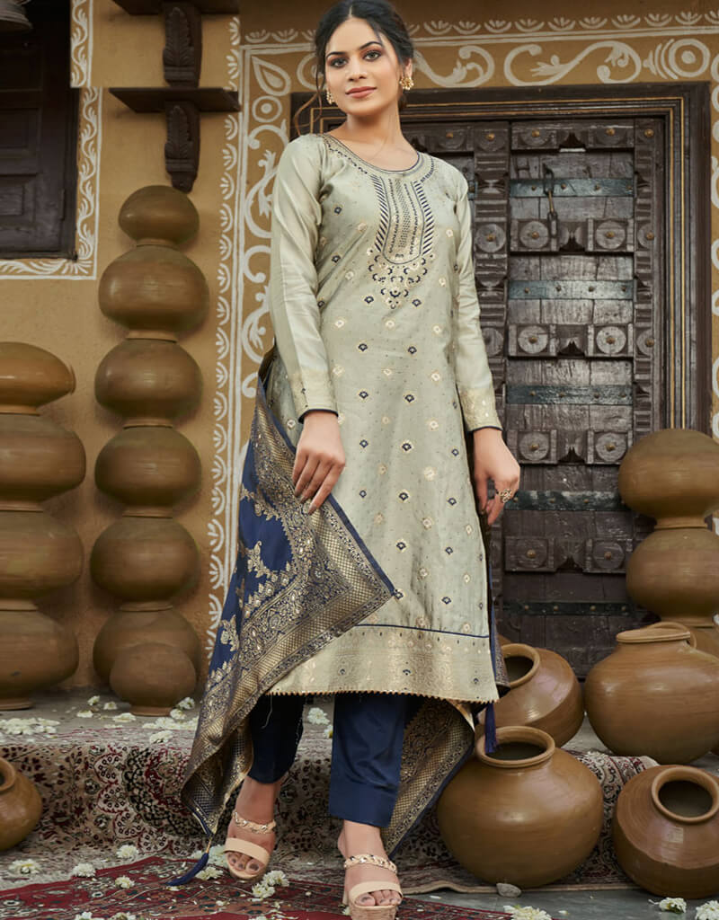 Elegant Banarasi Jacquard Grey Salwar Kameez Suit with Pant Bottom - Perfect for Weddings, Festivals & Special Occasions