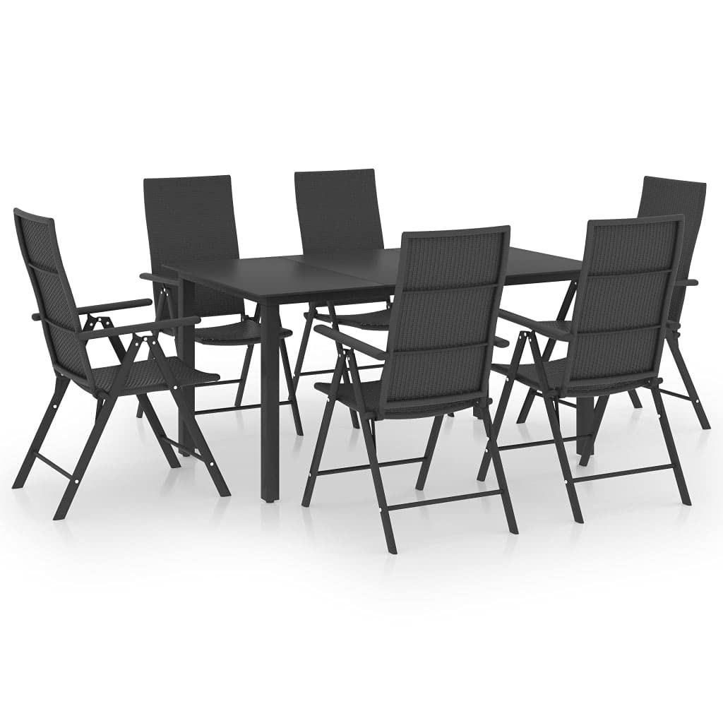 vidaXL 7-Piece Patio Dining Set - Black Rattan Outdoor Furniture with Reclining Chairs & Tempered Glass Tabletop for Garden, Terrace, Backyard - Perfect for Outdoor Entertaining & Relaxation