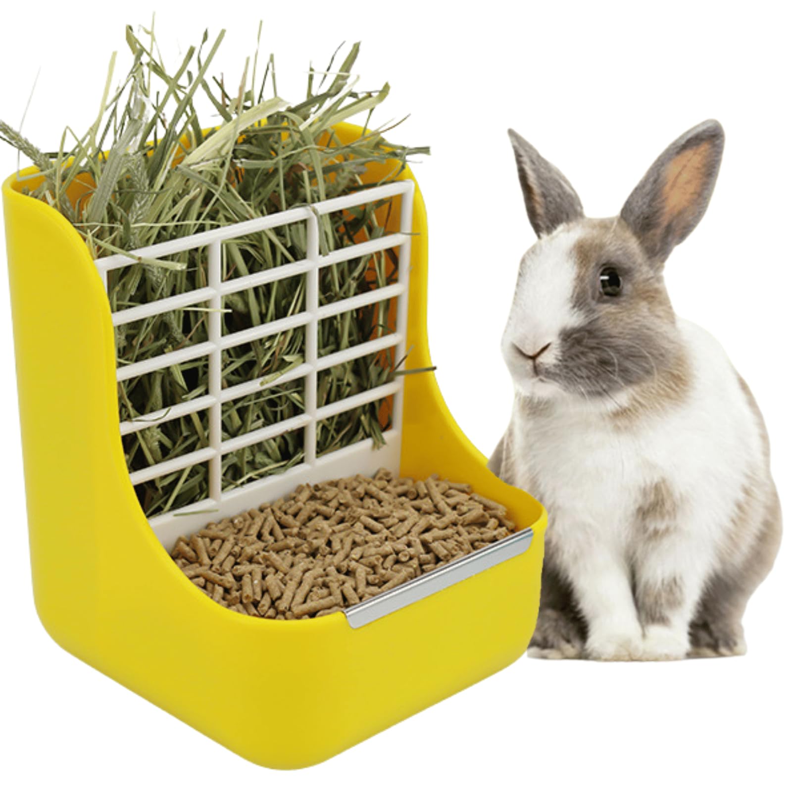 2 in 1 Dual Purpose Hay and Food Feeder for Guinea Pigs, Rabbits & Chinchillas - Indoor Small Pet Feeding Bowl for Grass, Pellets & Treats (Yellow) - Perfect for Cage, Hutch or Playpen Use