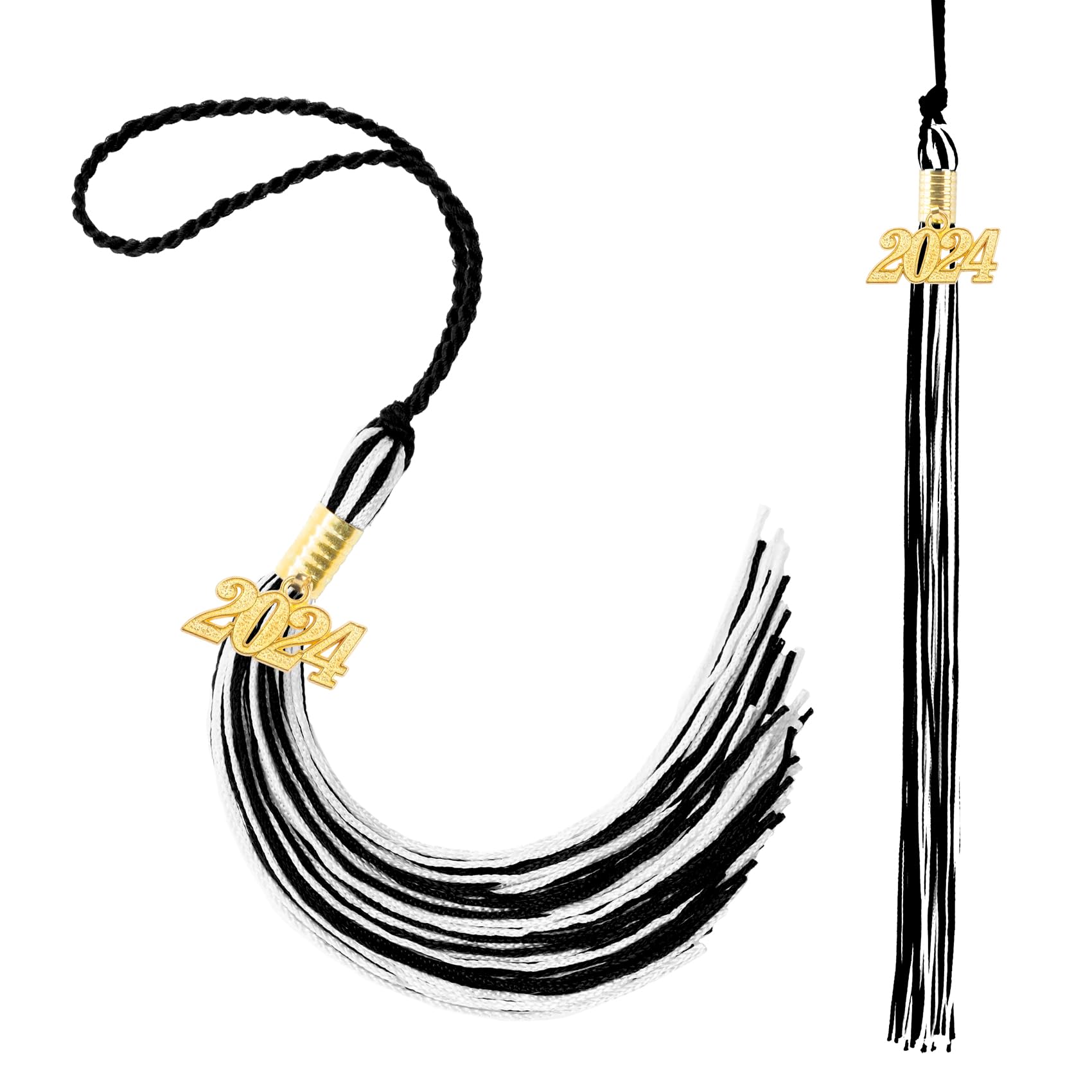 2024 Graduation Tassel Set - 2 Pack Black & White Cap Tassels with 2024 Year Charm | Graduation Hat Decoration for High School & College Ceremonies, Photo Props, Party Decor