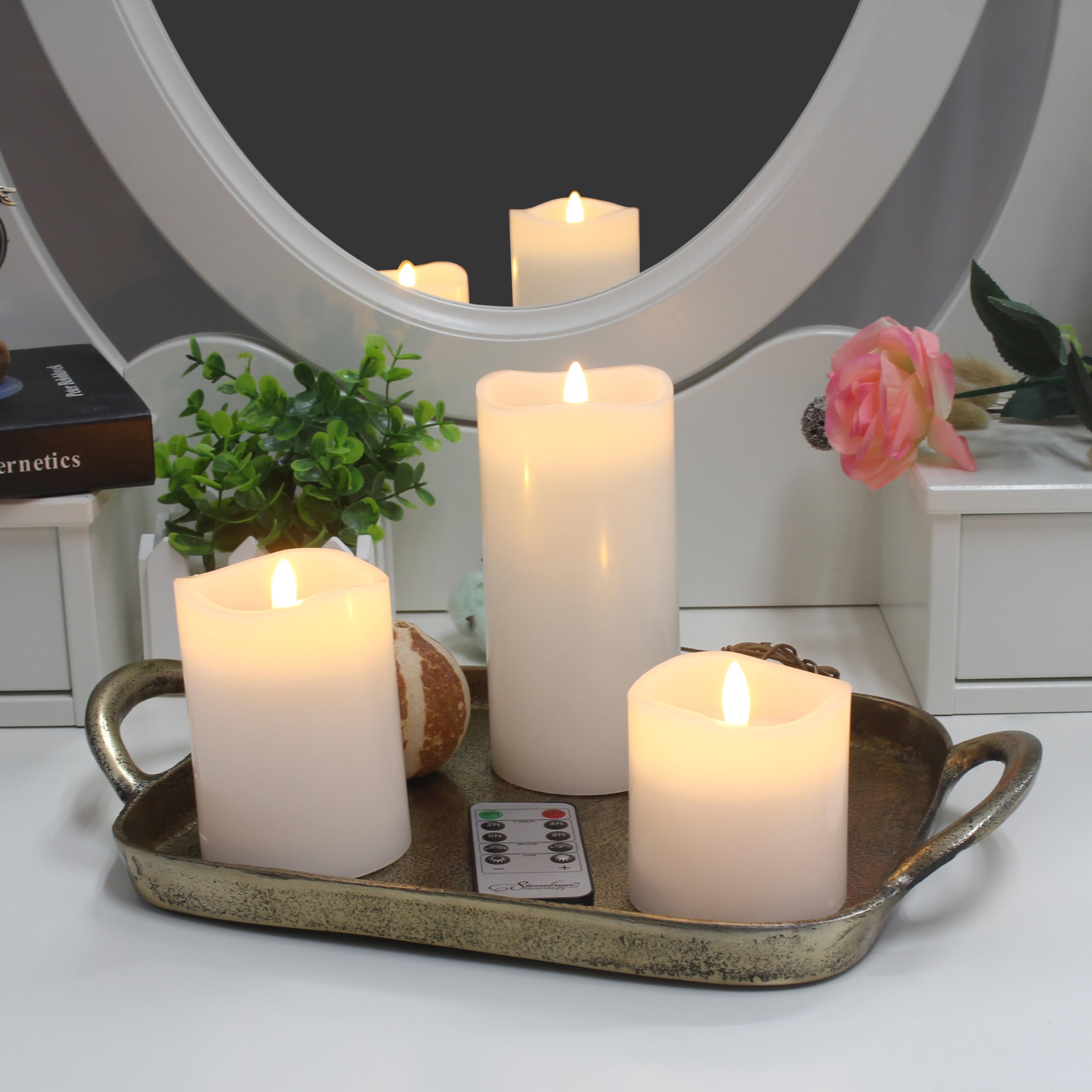 Stonebriar 3-Pack White Real Wax Flameless LED Pillar Candles with Remote & Timer - Battery Operated Decorative Candles for Home Decor, Weddings, and Romantic Dinners