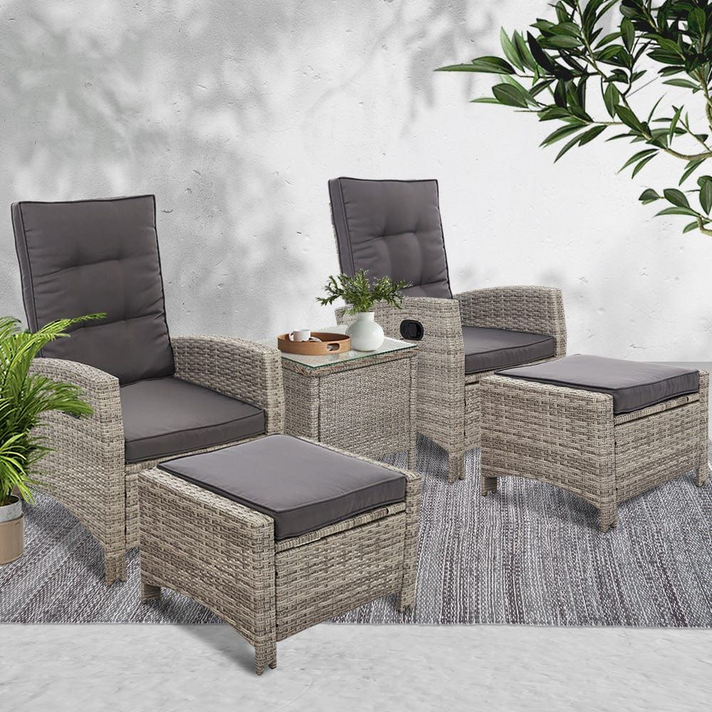 Gardeon 5-Piece Outdoor Patio Furniture Set - Wicker Recliner Chairs & Table - Grey Rattan Lounge Set for Backyard, Poolside & Garden Relaxation