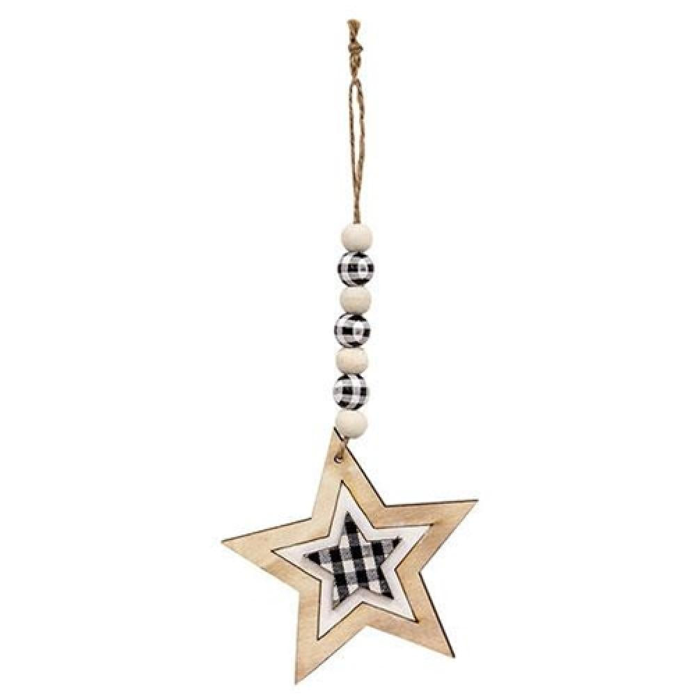 Buffalo Check Beaded Wood Star Ornament - Rustic Christmas Tree Decor, Holiday Home Decoration, Farmhouse Style Xmas Star for Mantel, Wall & Gift Giving