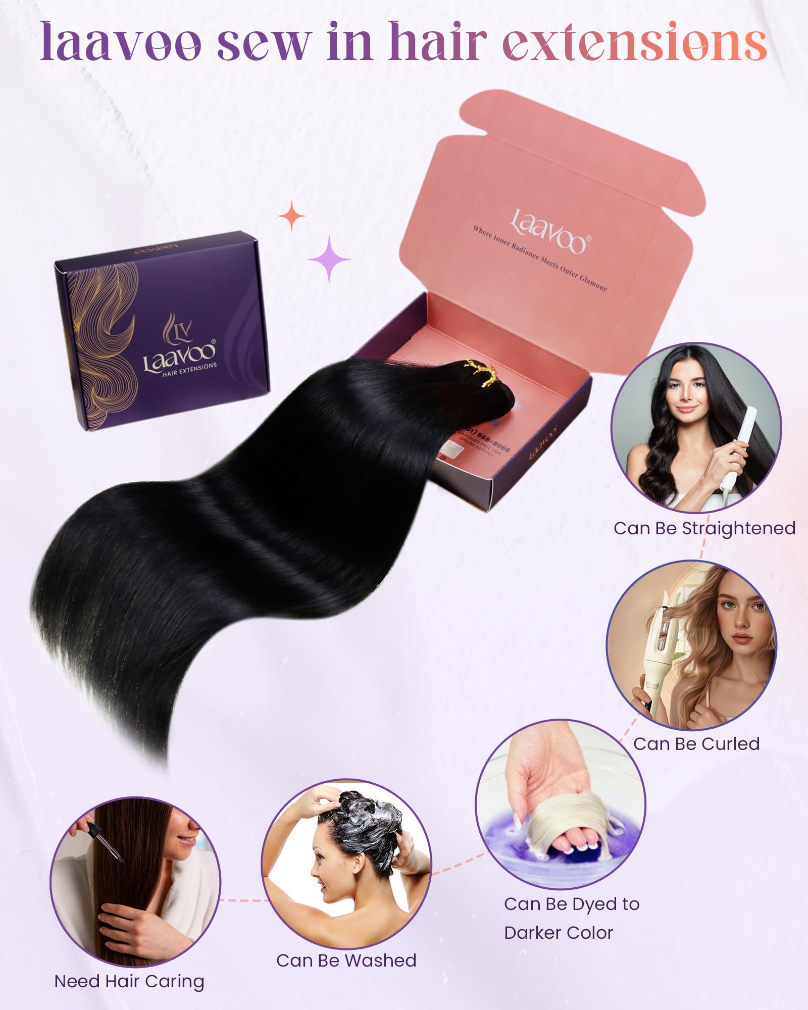 LaaVoo 14 Inch 80g Sew-in Human Hair Extensions - 100% Real Jet Black Straight Hair Weft for Black Women | Perfect for Daily Wear, Special Occasions & Styling