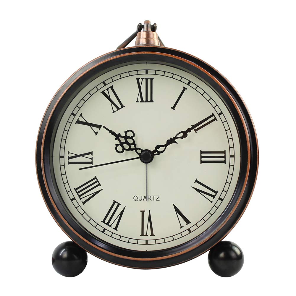 Vintage Metal Table Clock - Silent Non-Ticking Quartz Alarm Clock with Roman Numerals for Bedroom, Office & Living Room | Battery Operated Small Desk Clock for Kids & Adults (Roman-550-15) | Perfect for Home Decor, Gift Giving & Quiet Workspaces