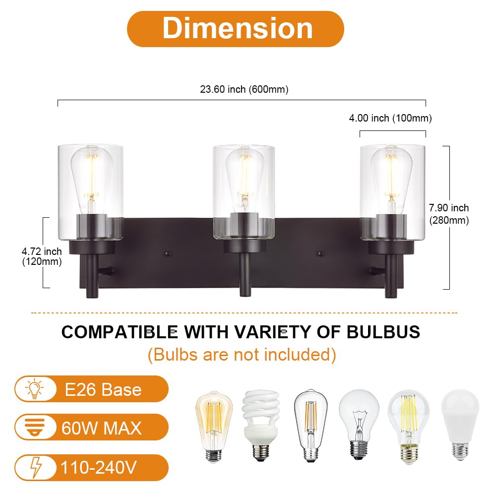 VINLUZ Oil Rubbed Bronze 3-Light Vanity Bathroom Wall Sconce - Rustic Vintage Lighting Fixture with Clear Glass Shade - Perfect for Bathroom, Bedroom, Porch & Entryway (Patent No.: US D958,438 S)