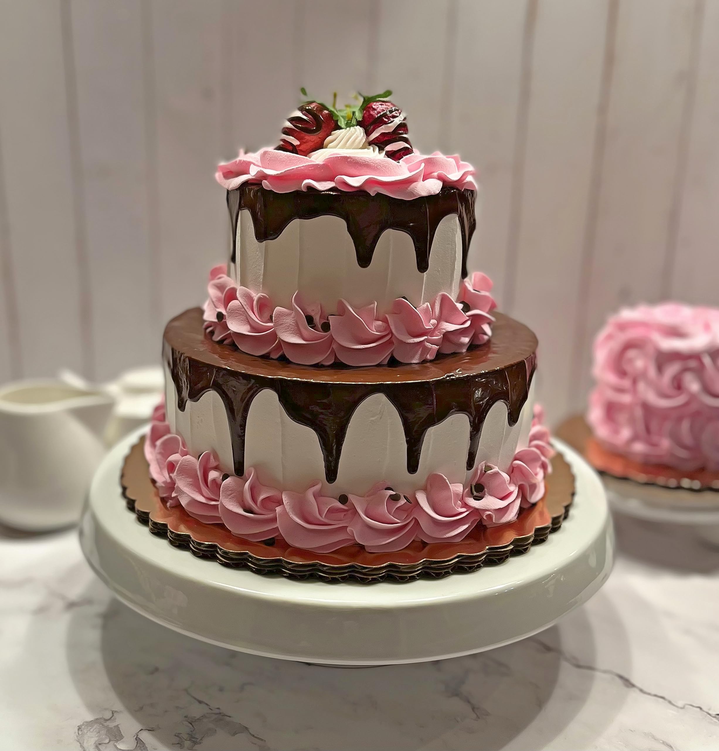 2-Tier Pink Valentine Fake Cake with Chocolate Drizzle - Handmade Artificial Decorative Cake by Dezicakes - Perfect for Wedding Centerpieces, Party Decorations & Photo Props