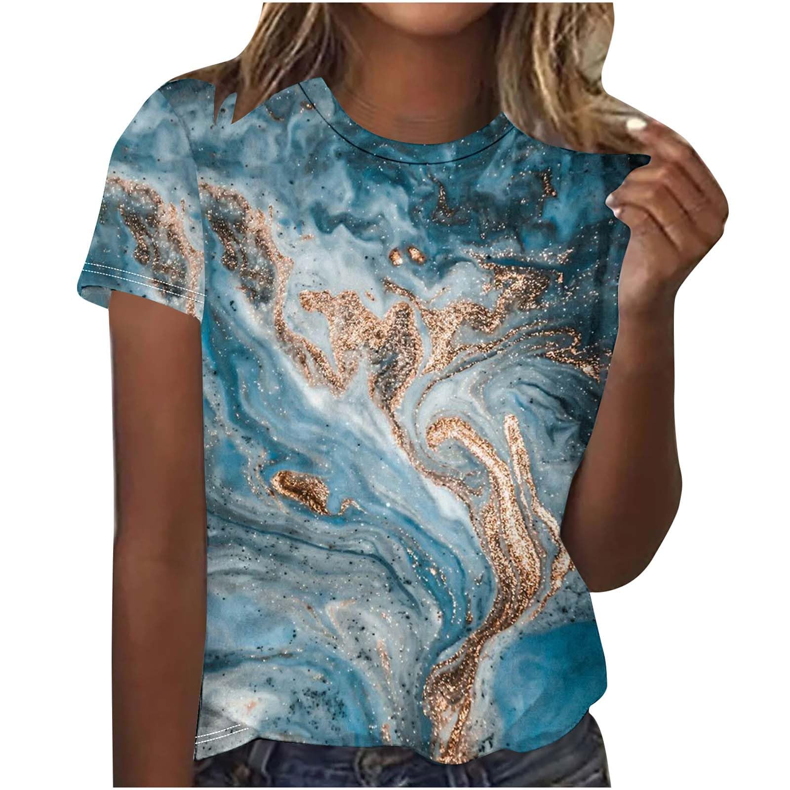 Trendy Women's Short Sleeve Graphic T-Shirt - Marble Print Crew Neck Casual Blouse for Summer | Stylish Everyday Wear, Weekend Outfits & Vacation Essentials