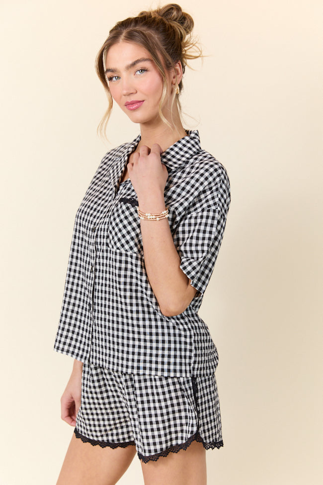 Black Gingham Short Sleeve Pajama Set for Women - Soft Cotton Sleepwear for Peaceful Mornings & Cozy Nights - Perfect for Lounging, Sleepovers and Relaxing at Home