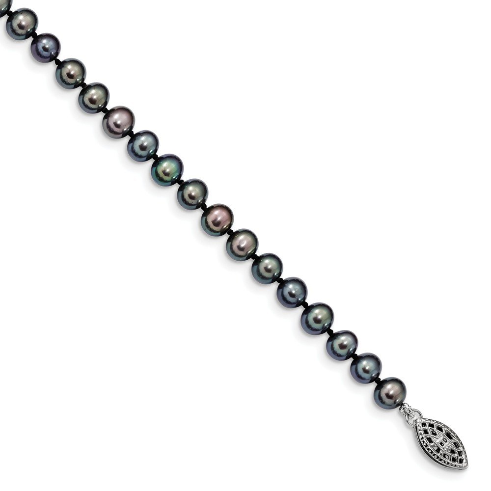 Sterling Silver Rhodium-Plated 5-6mm Black FWC Simulated Pearl Necklace Chain - Elegant Jewelry Gift for Women, Perfect for Weddings, Parties & Special Occasions