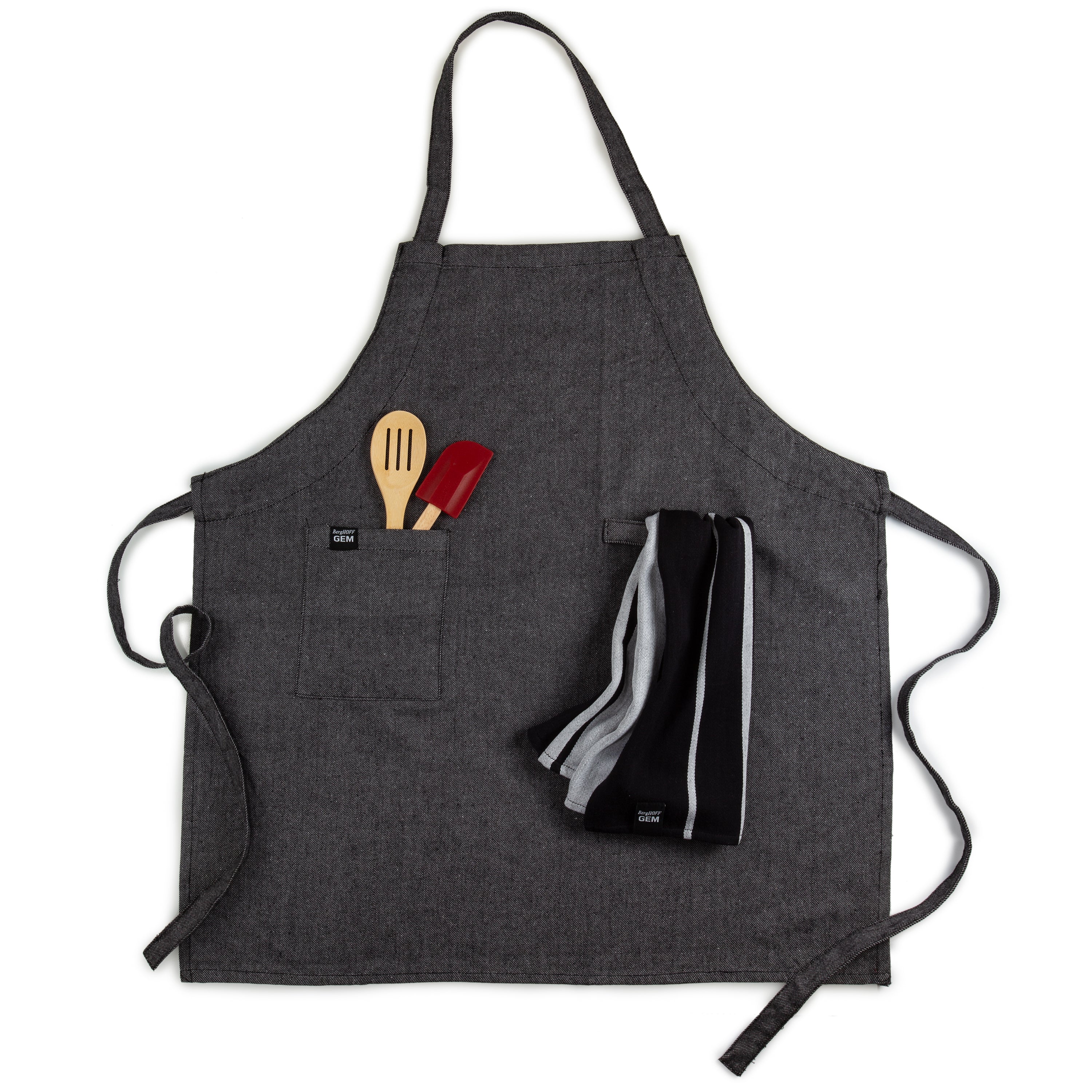BergHOFF GEM 100% Cotton BBQ Apron for Men & Women - Black Denim Look - Adjustable Neck Strap & Waist Ties - Perfect for Grilling, Cooking, Camping & Outdoor Activities