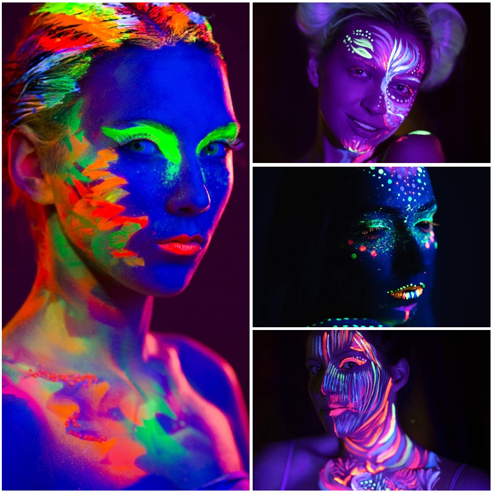 Blacklight Neon Face & Body Paint - 8 Tubes (0.34oz/10ml) Glow in The Dark, Fluorescent UV Party Makeup for Halloween, Raves & Festivals - Safe & Washable