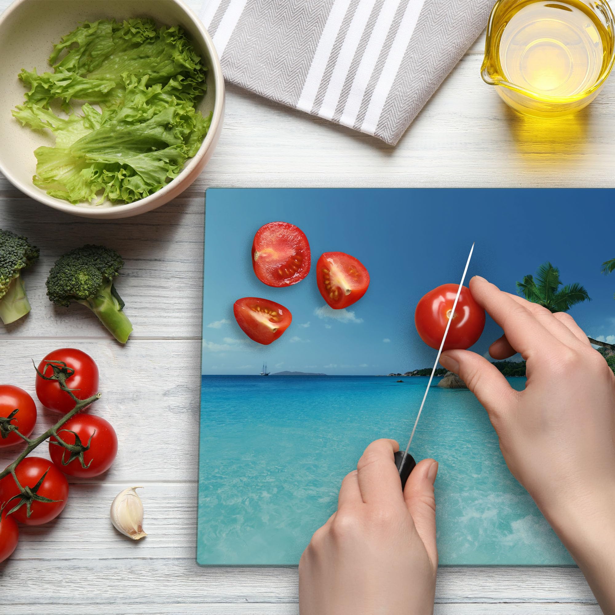 Ambesonne Ocean Themed Tempered Glass Cutting Board - Large Size Turquoise Blue Green - Anse Lazio Beach Scenic View - Decorative Serving Board for Kitchen, Dining & Entertaining - Perfect for Cheese Platters, Charcuterie & Party Serving