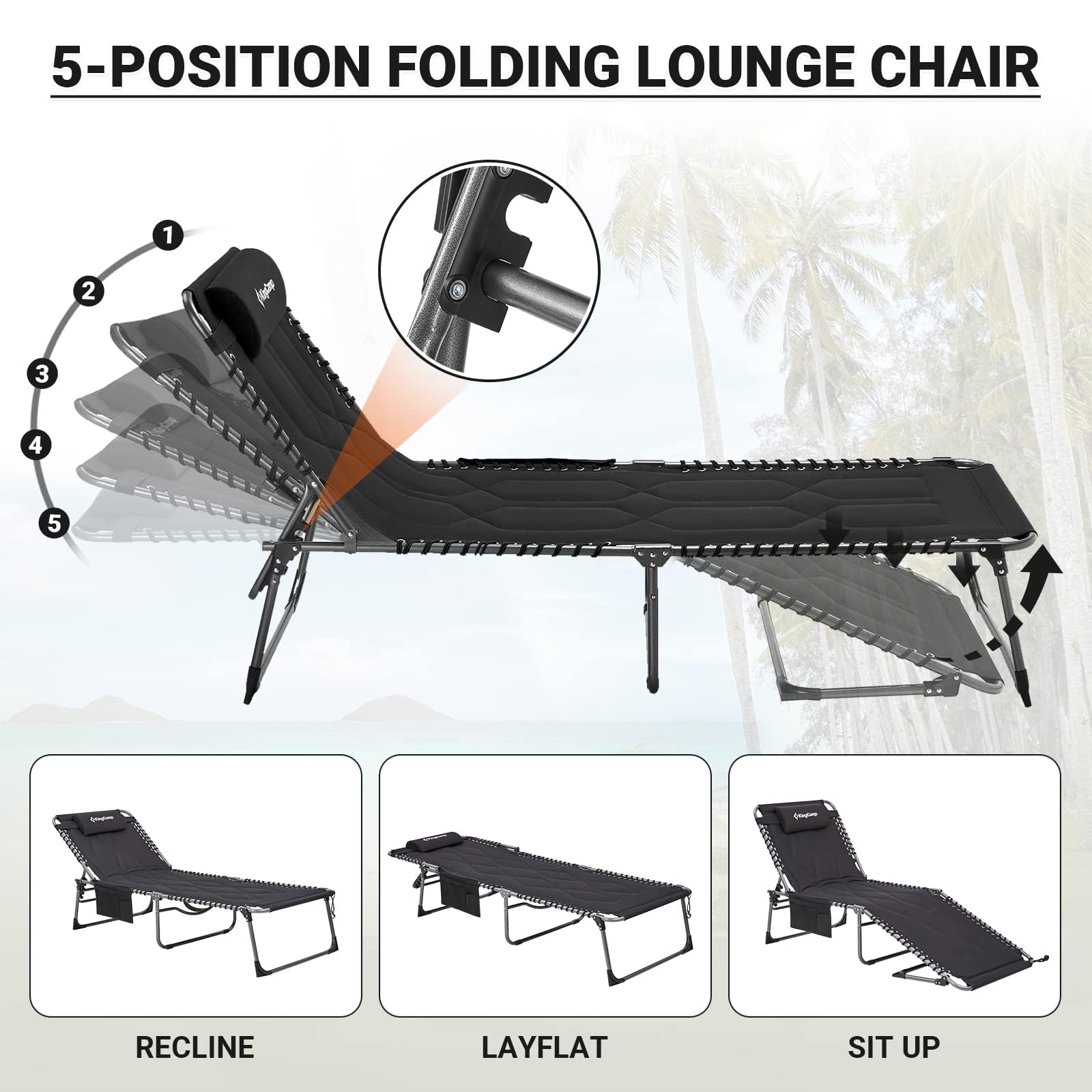 **KingCamp Oversized Padded Folding Chaise Lounge Chair – Heavy-Duty 330lb Capacity, Adjustable Reclining for Outdoor, Patio, Beach, Lawn, Pool | Sunbathing, Tanning, Lounging with Pillow & Storage Pocket**    *(Perfect for Relaxing by the Pool, Beach Vacations, Backyard Lounging, or Camping Comfort!)*