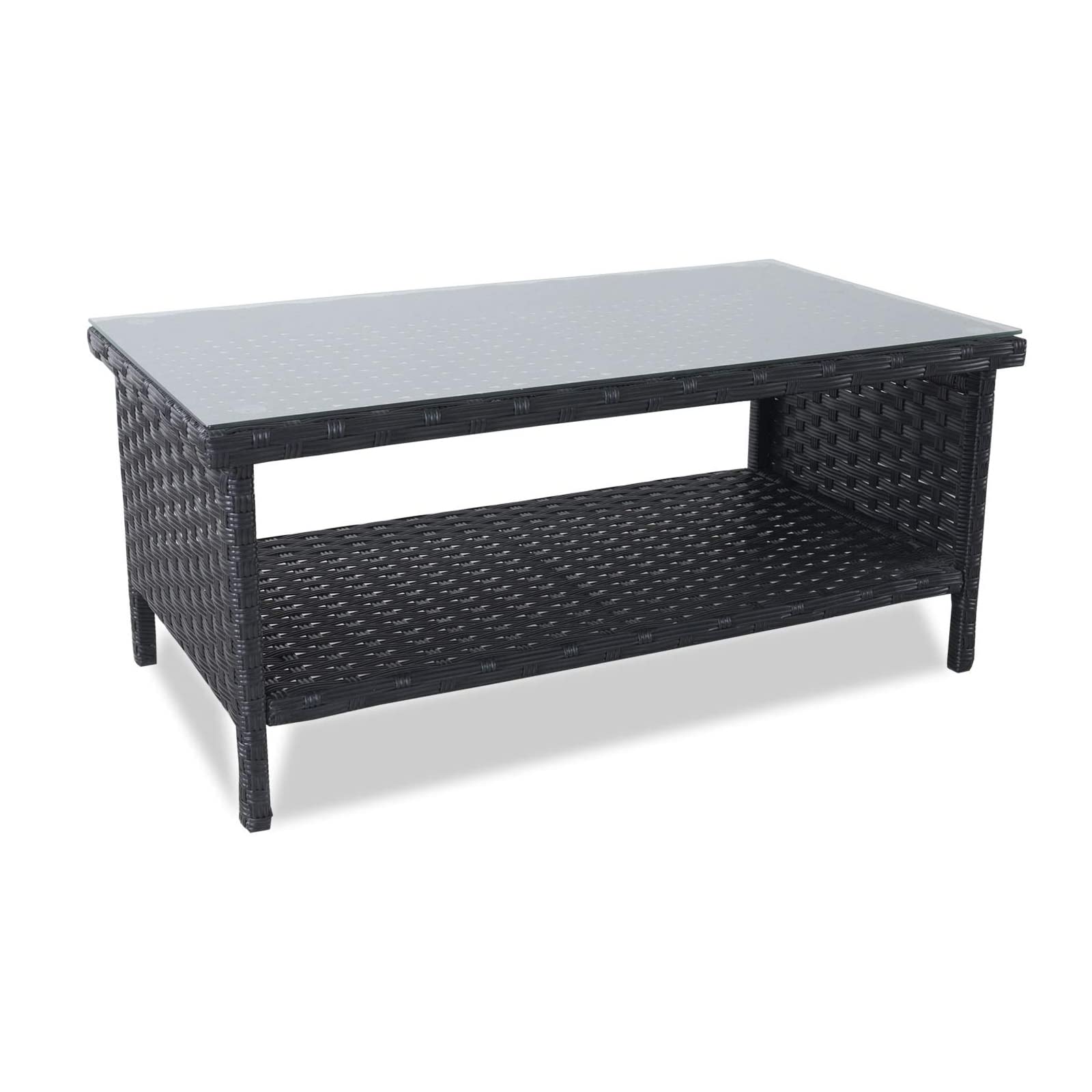 Outdoor Wicker Coffee Table - 2-Tier Glass Top Patio Furniture with Storage & Cover - Weather-Resistant Rattan Garden Table for Backyard, Deck, Poolside & Balcony Use - Black