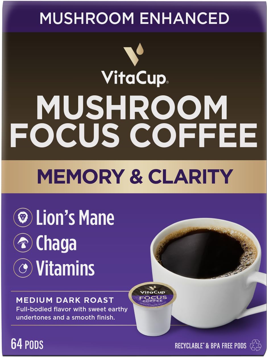 VitaCup Focus Mushroom Coffee Pods with Lions Mane & Chaga - Immune Support & Brain Boost, Medium Roast K-Cup Pods (64 Count) - Recyclable, Keurig Compatible - Perfect for Home, Office & On-the-Go Energy
