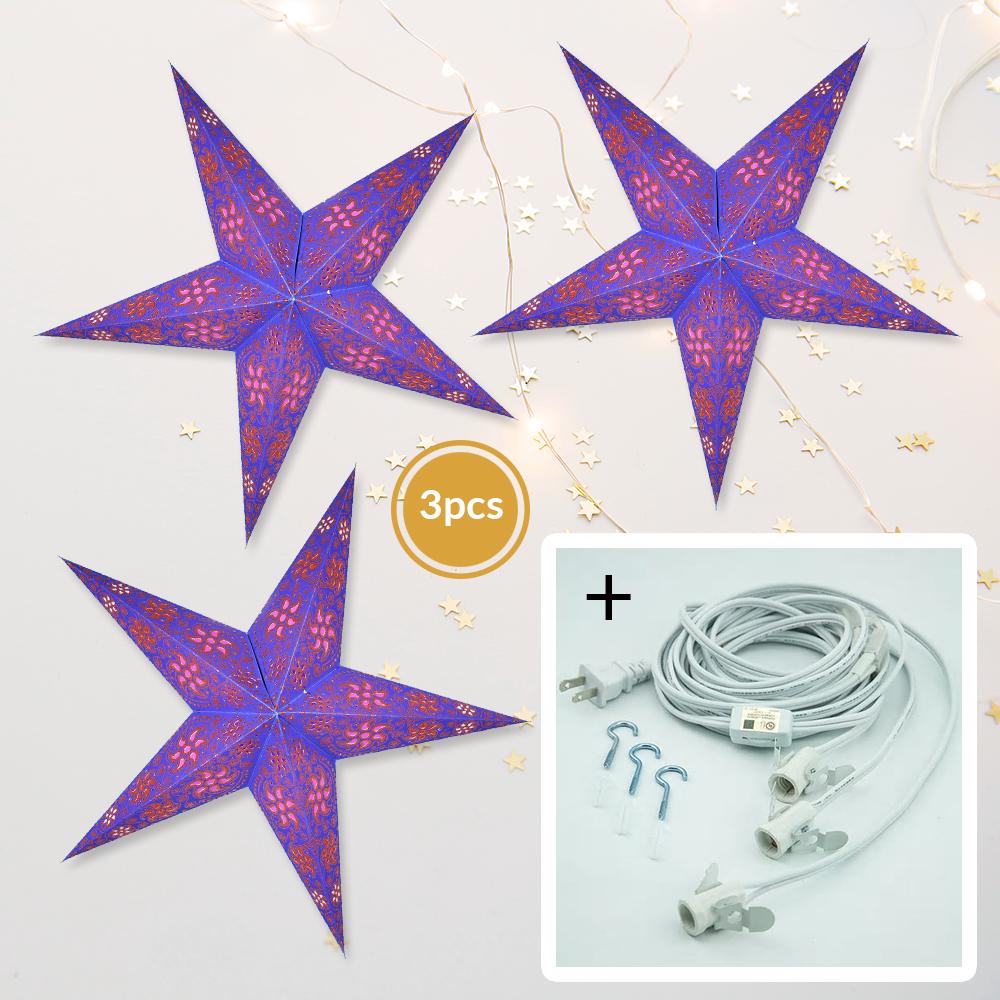 3 Pack Blue & Copper Glitter Star Lanterns - 24 Inch LED Illuminated Paper Lanterns with Light Bulbs & Cord for Home Decor, Parties, Weddings & Outdoor Events