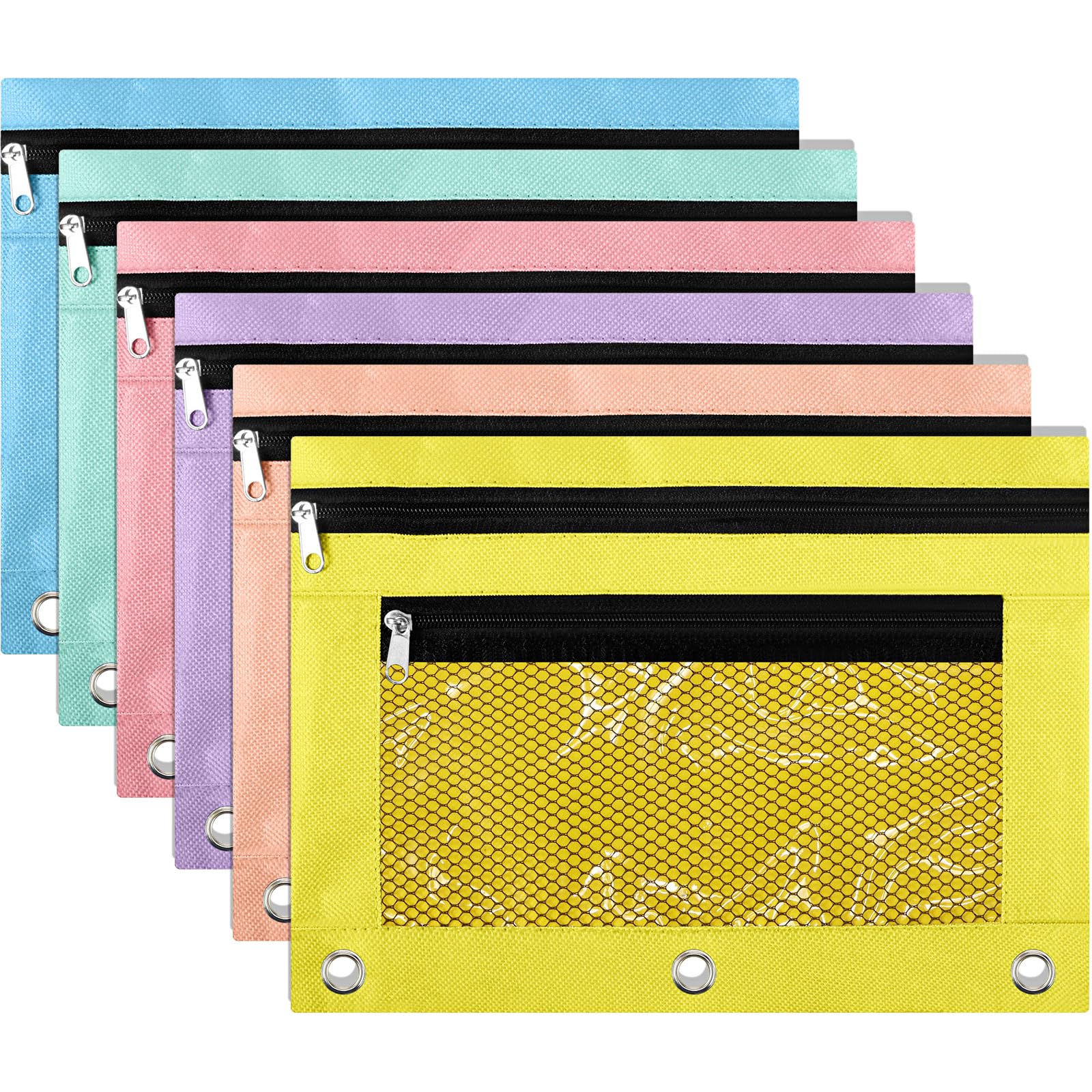 Kosiz 6-Pack 3-Ring Binder Pencil Pouch Set - 2-Layer Zippered Pencil Case with Mesh Window, Durable Oxford Fabric for School & Office Supplies (Macaron Colors) - Perfect for Students, Teachers & Organizing Pens, Markers & Art Supplies