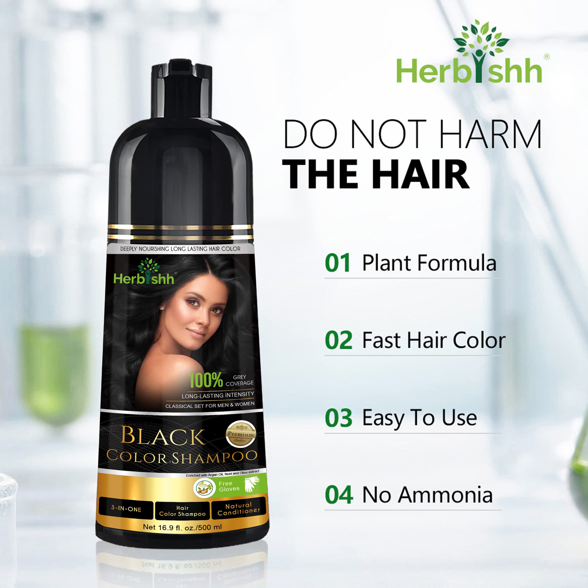 Herbishh Gray Hair Color Shampoo - Black 500ml with Hair Dye Stain Remover Wipes | Natural Hair Coloring for Men & Women | At-Home Salon Treatment for Covering Gray Roots
