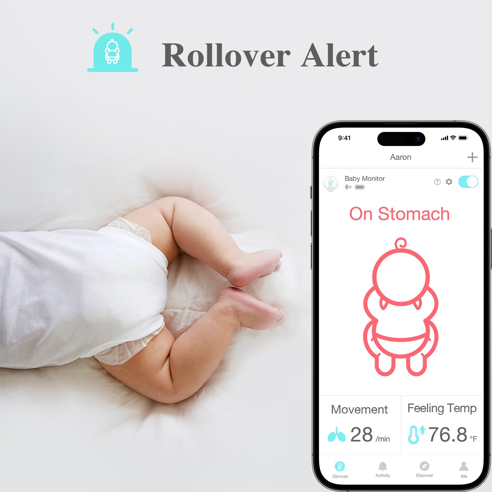 Sense-U Smart Baby Monitor - Track Abdominal Movement, Body Temperature & Rollover with Real-Time Alerts for Newborns & Infants | Perfect for Nursery, Daycare & Travel Safety