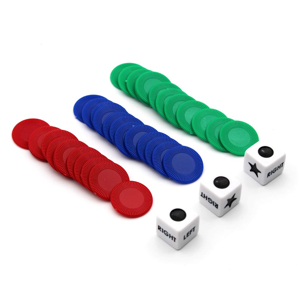 Right Left Center Dice Game Set with 3 Dice & 36 Colorful Chips - Fun Party Game for Family Gatherings, Game Nights and Travel Entertainment