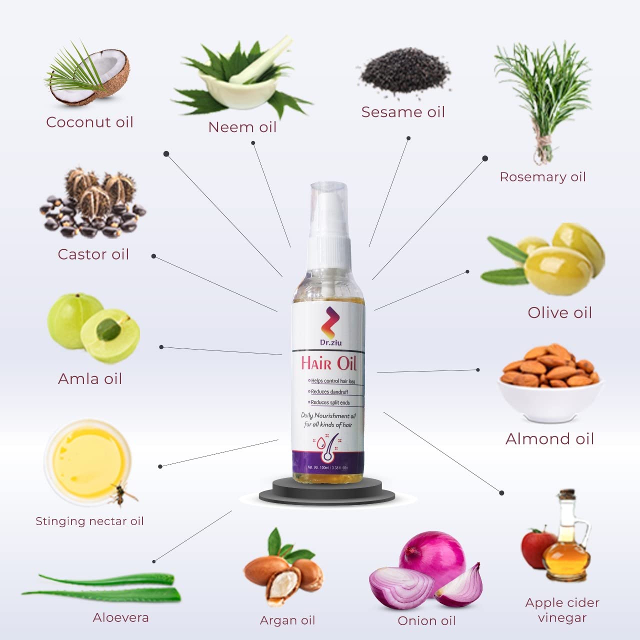 Dr. Ziu Hair Growth Oil - Natural Treatment for Hair Loss, Dandruff & Split Ends | Strengthens & Repairs Damaged Hair | Perfect for Daily Scalp Care & Styling Protection