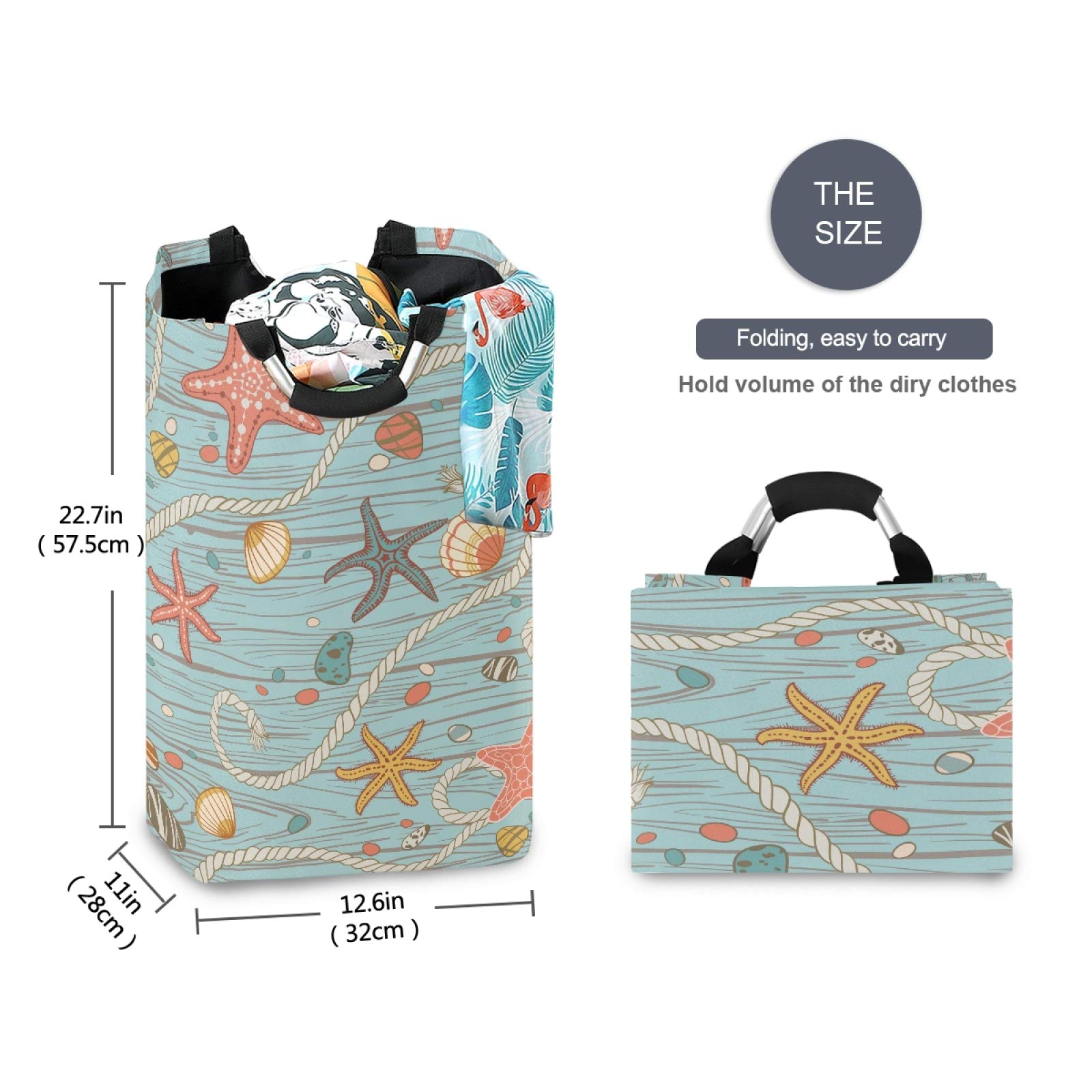 Tarity Large 52L Collapsible Laundry Hamper with Handles - Seastones & Seashells Design Oxford Clothes Storage Bag, Foldable Washing Basket for Bedroom, Bathroom, Closet - Perfect for Laundry Room Organization & Home Storage Solutions