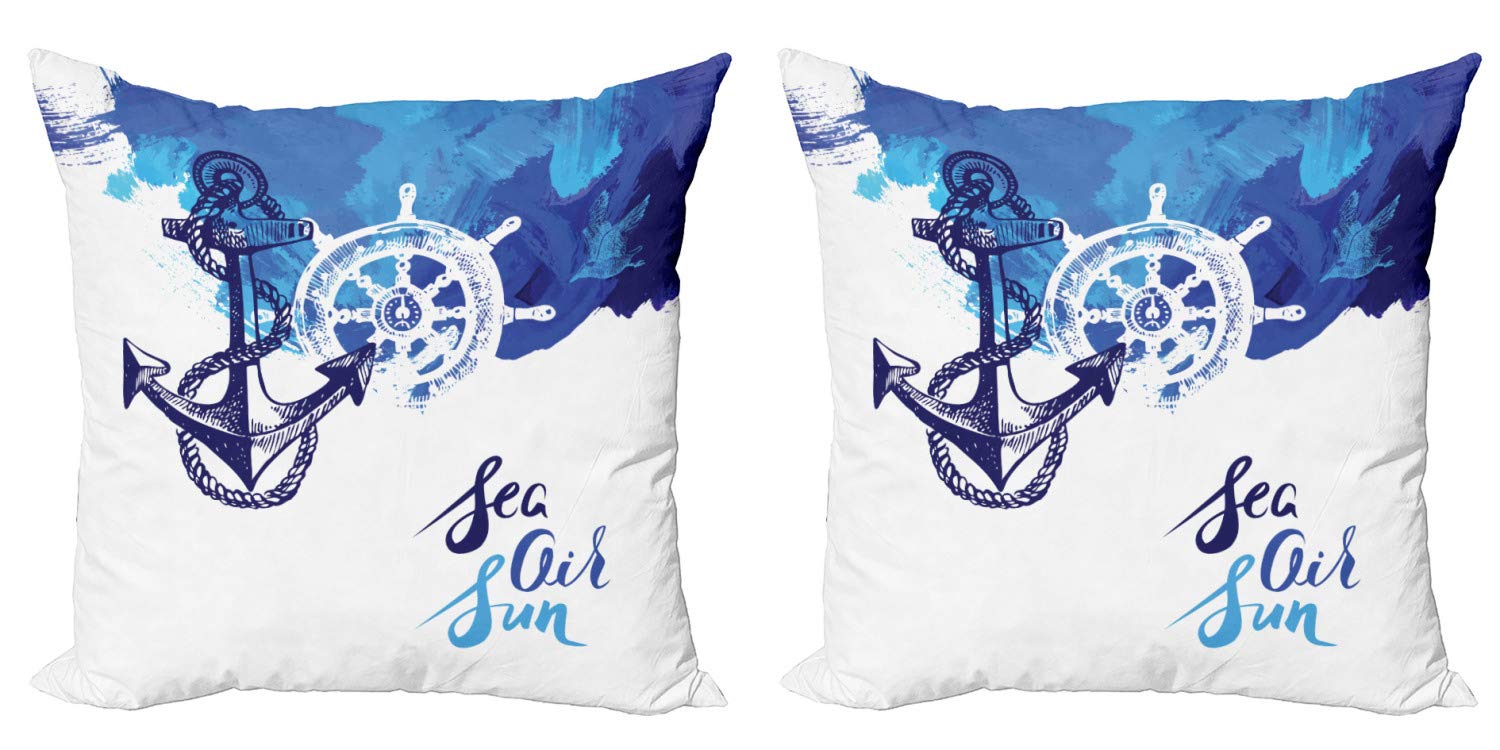 Ambesonne Nautical Decorative Throw Pillow Covers Set of 2 - Blue and White Ocean Theme with Wind Rose & Rudder Design, 20 Inch Square Cushion Covers for Sofa, Bed, Living Room - Perfect for Coastal, Beach House & Cruise Ship Decor