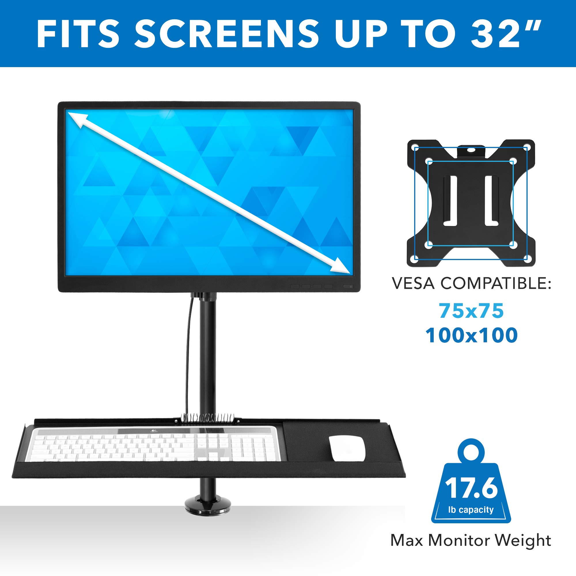 MOUNT-IT! Adjustable Standing Desk Monitor Mount for 32 Inch Screens - Full Motion Articulating Arm with Keyboard Tray & Cable Management - Ergonomic Black Workstation Solution for Home Office, Gaming & Productivity Setup