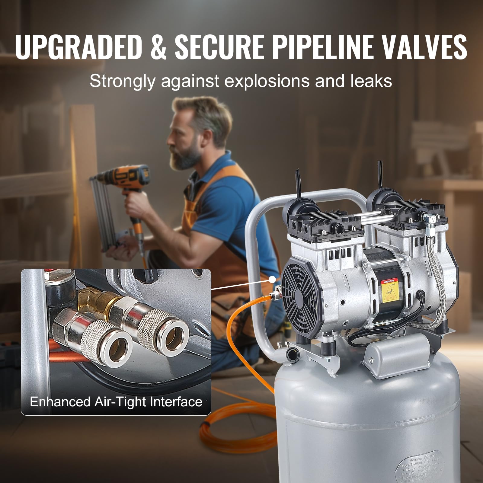 VEVOR 13 Gallon 2HP Oil-Free Air Compressor, 4.6 SCFM @90PSI, 66dB Ultra Quiet, 125PSI Max Pressure - Perfect for Tire Inflation, Auto Repair, Woodworking, Nailing, Spray Painting & DIY Projects