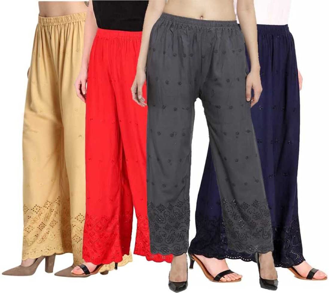 TNQ Women's Embroidered Rayon Palazzos Set - Combo of 4 Pcs (Free Size) | Floral Chicken Work Lucknow Design | Perfect for Casual Wear, Office Outfits & Ethnic Fashion