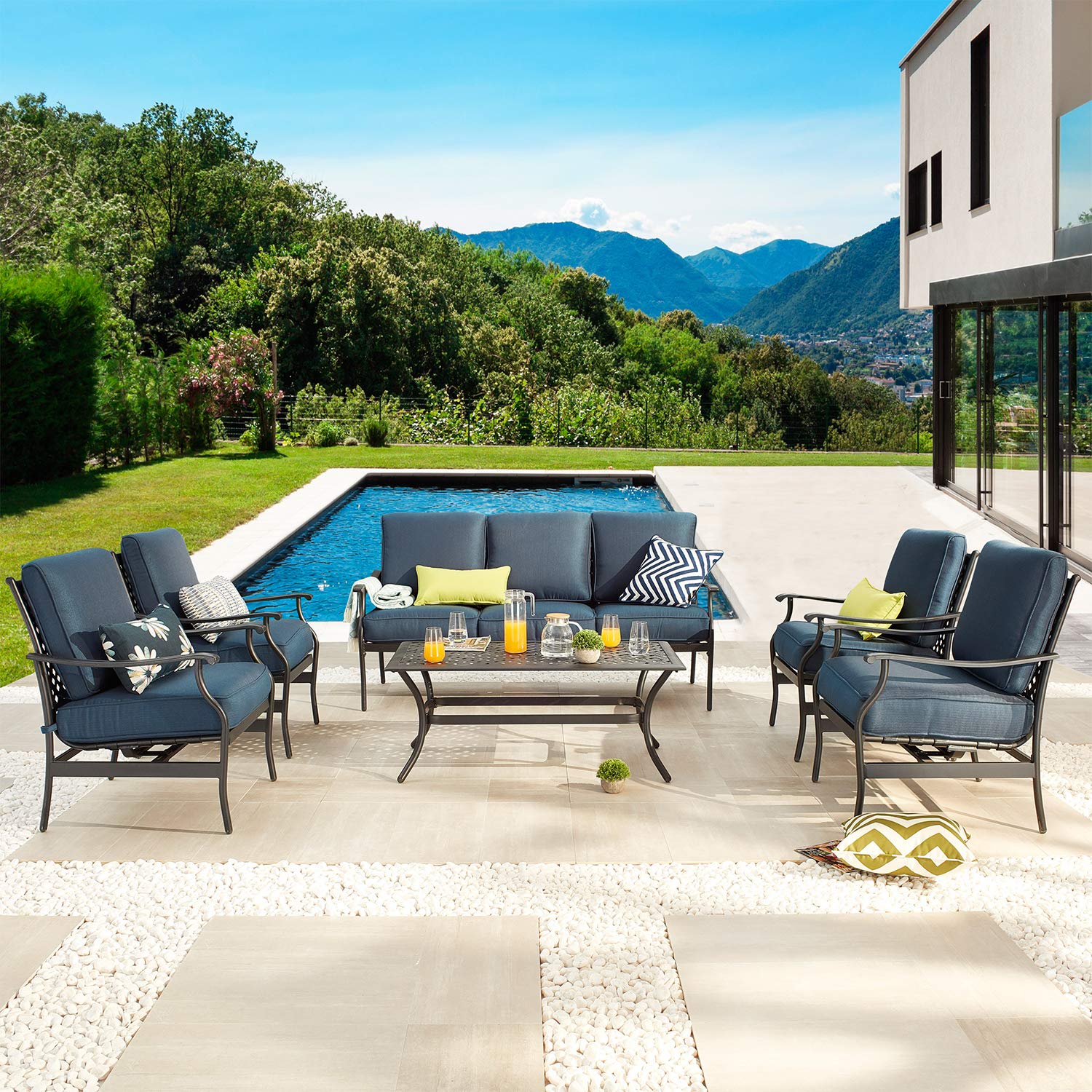 PatioFestival 6-Piece Outdoor Conversation Set with Cushions & Weather-Resistant Galvanized Steel Frame - Blue | Perfect for Backyard, Garden, Poolside & Patio Relaxation