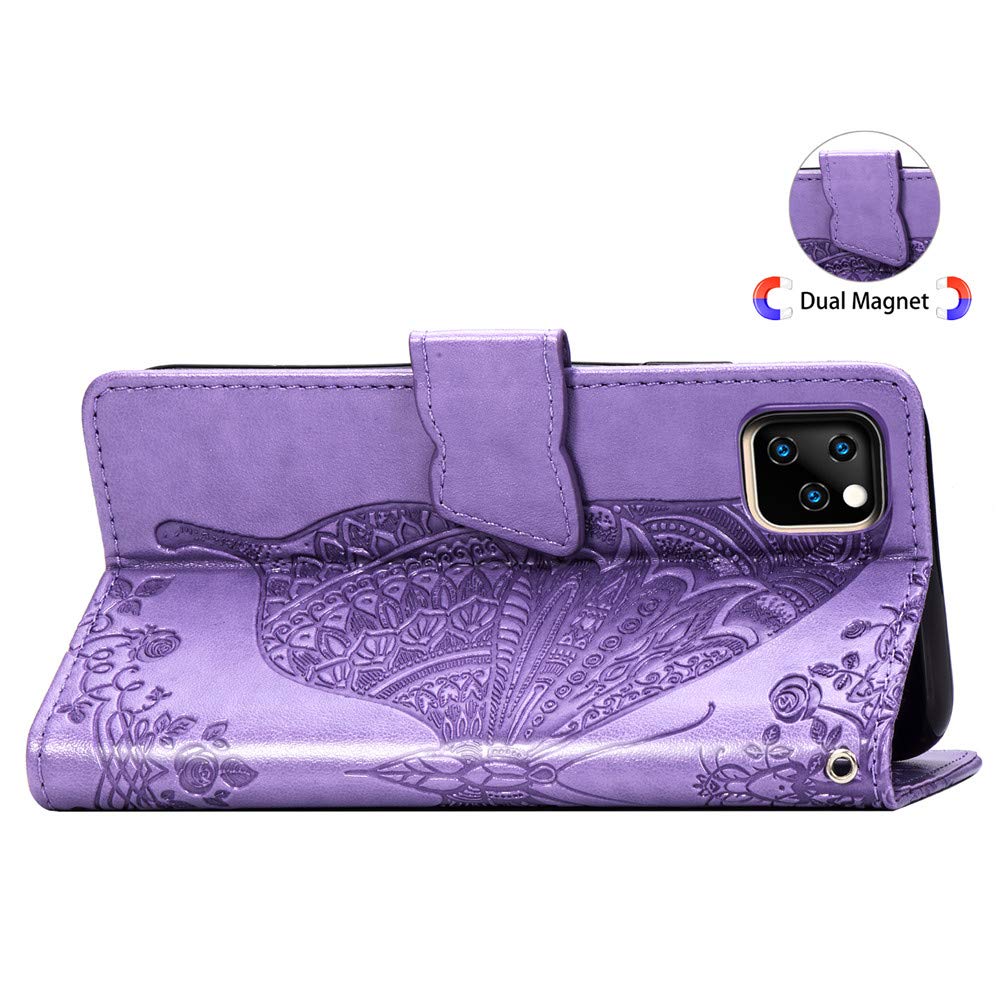 Premium Leather Wallet Case for iPhone 11 Pro Max (6.5 inch) - Embossed Butterfly Design with Flip Card Holder & Cash Pocket | PU Protective Cover for Apple iPhone 11 Pro Max 2019 Model | Perfect for Daily Use, Travel & Business Meetings (Lavender)