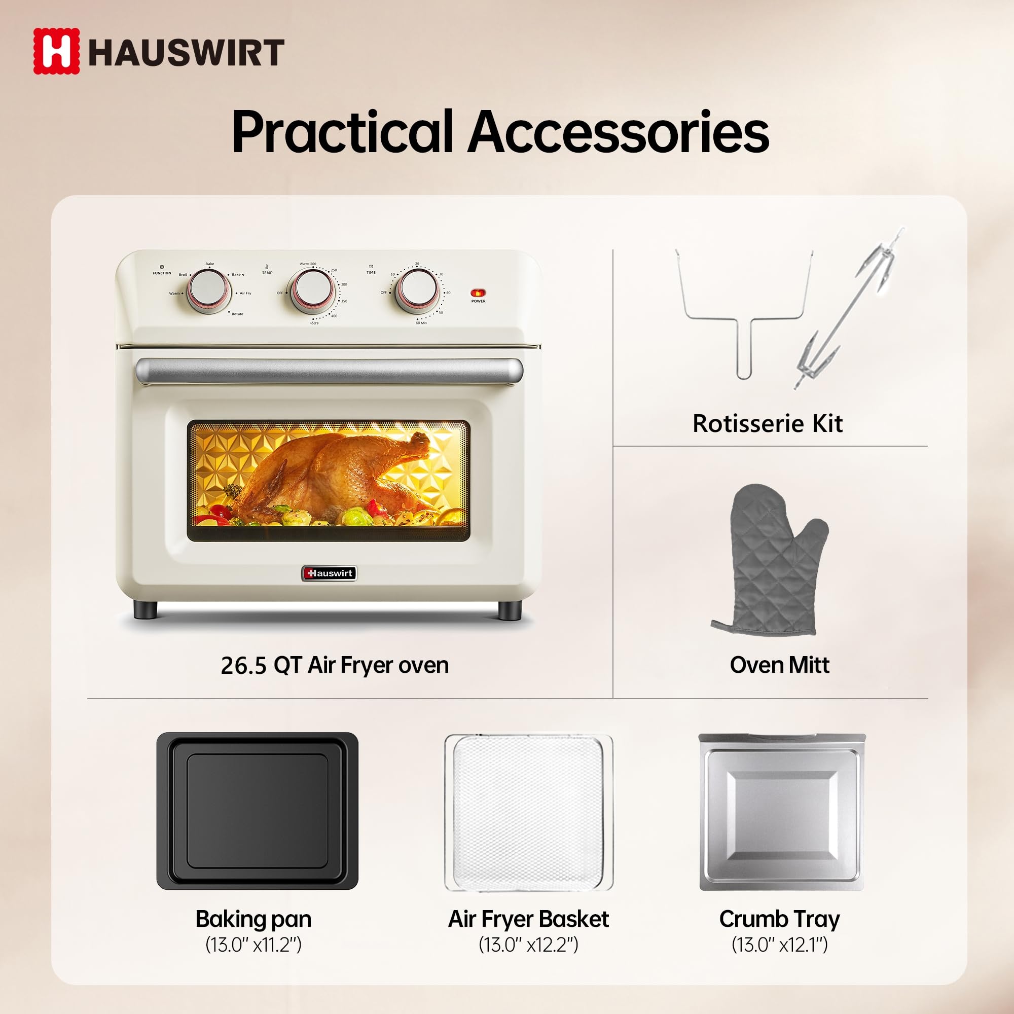 Hauswirt K5M 26.5QT Air Fryer Toaster Oven Combo with Rotisserie Kit - XL Large Retro Oven for 3-4 People, 6-Slice Toaster, 12