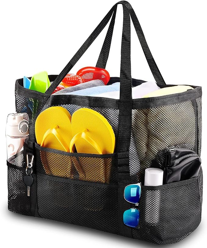 HirTa Gab Mesh Tote Hobo Beach Bag for Women - Sandproof, Durable with Multiple Pockets - Stylish Shopping & Pool Bag for Swimming, Travel & Daily Use - Mesh Black - Perfect for Beach Outings, Gym Visits and Summer Vacations