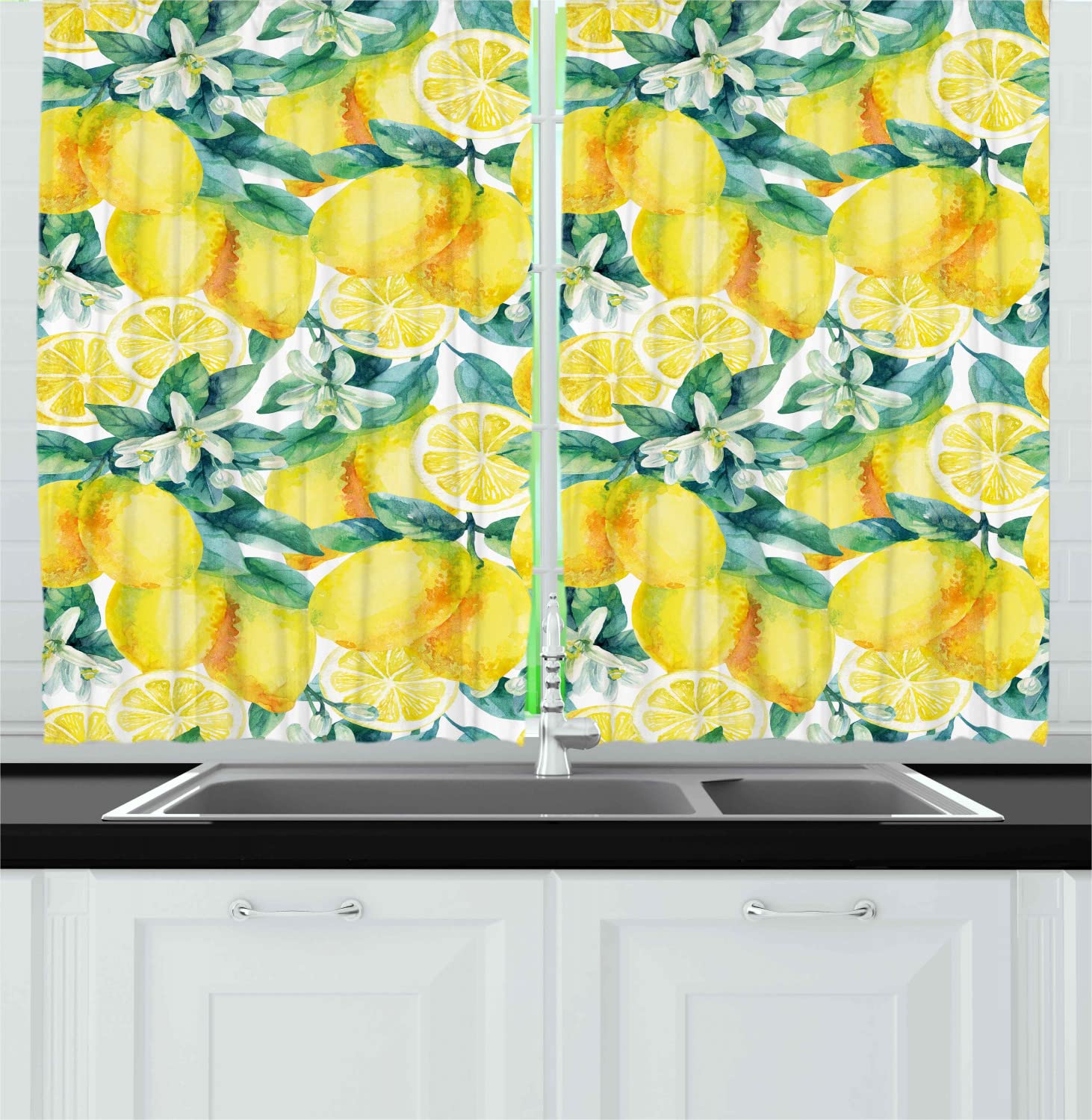 Ambesonne Modern Long Kitchen Curtains - Vibrant Lemon Citrus Tree Watercolor Design, 2 Panel Rod Pocket Drapes 55