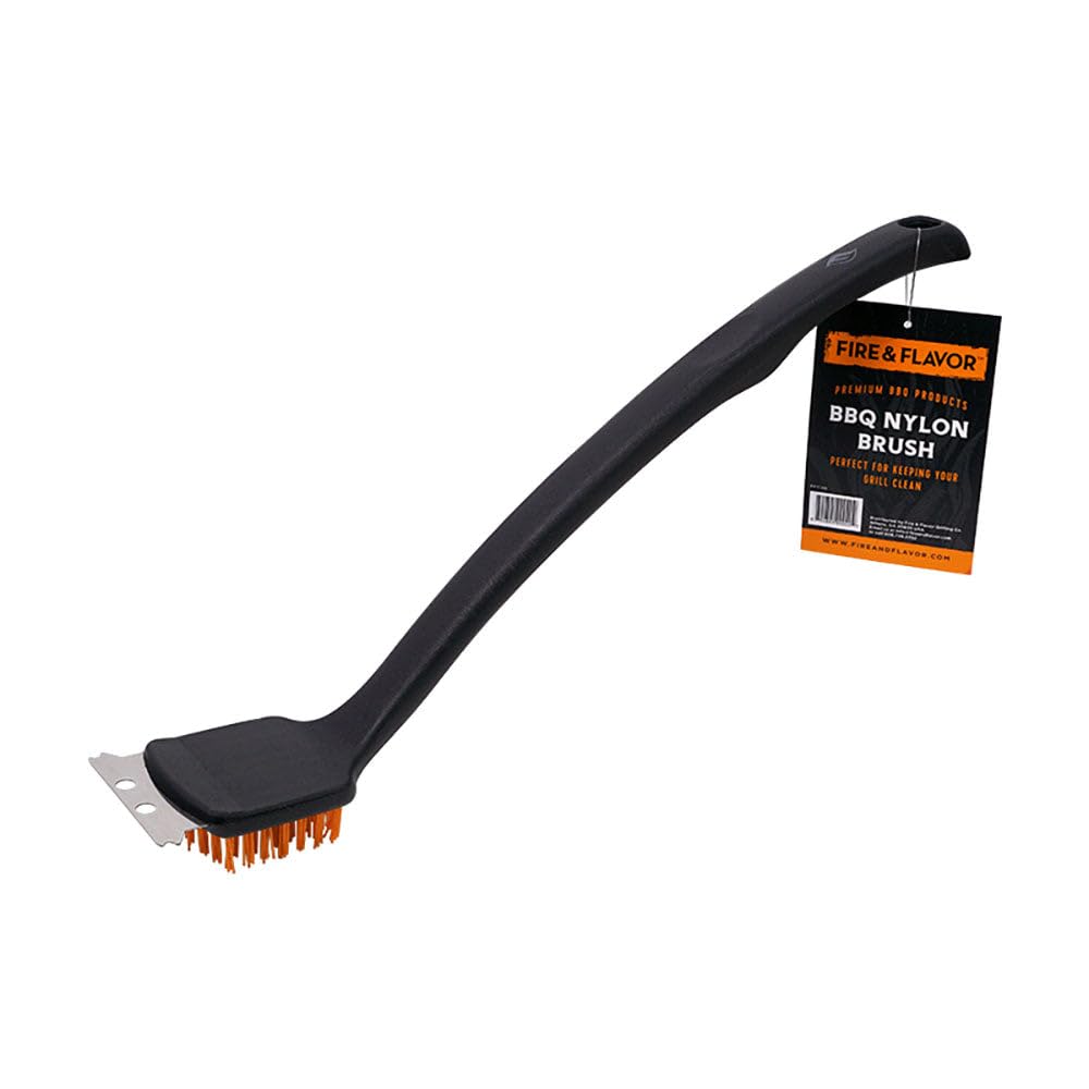 Fire & Flavor Nylon Grill Brush for Outdoor BBQ Cleaning - Heavy Duty Grill Grate Cleaner with Stainless Steel Scraper & Ergonomic Handle - Perfect for Charcoal, Gas Grills and Smokers - Durable Grill Cleaning Tool for Backyard, Camping and Tailgating