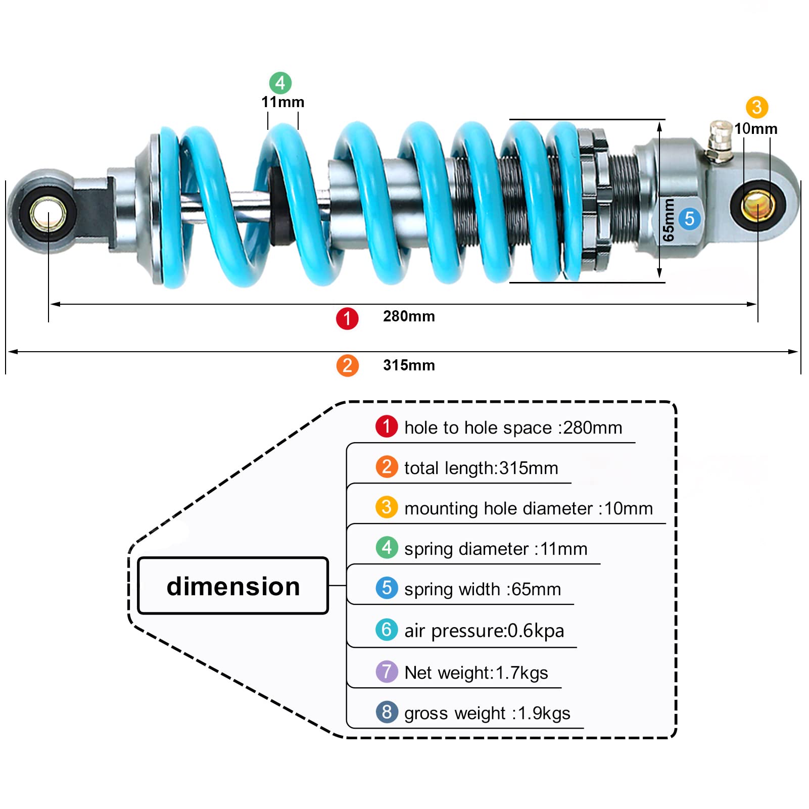 280mm Rear Shock Absorber for Dirt Pit Bike & ATV - Heavy Duty Suspension Spring Damper with Blue Coating | Off-Roading, Trail Riding & Motocross Accessories