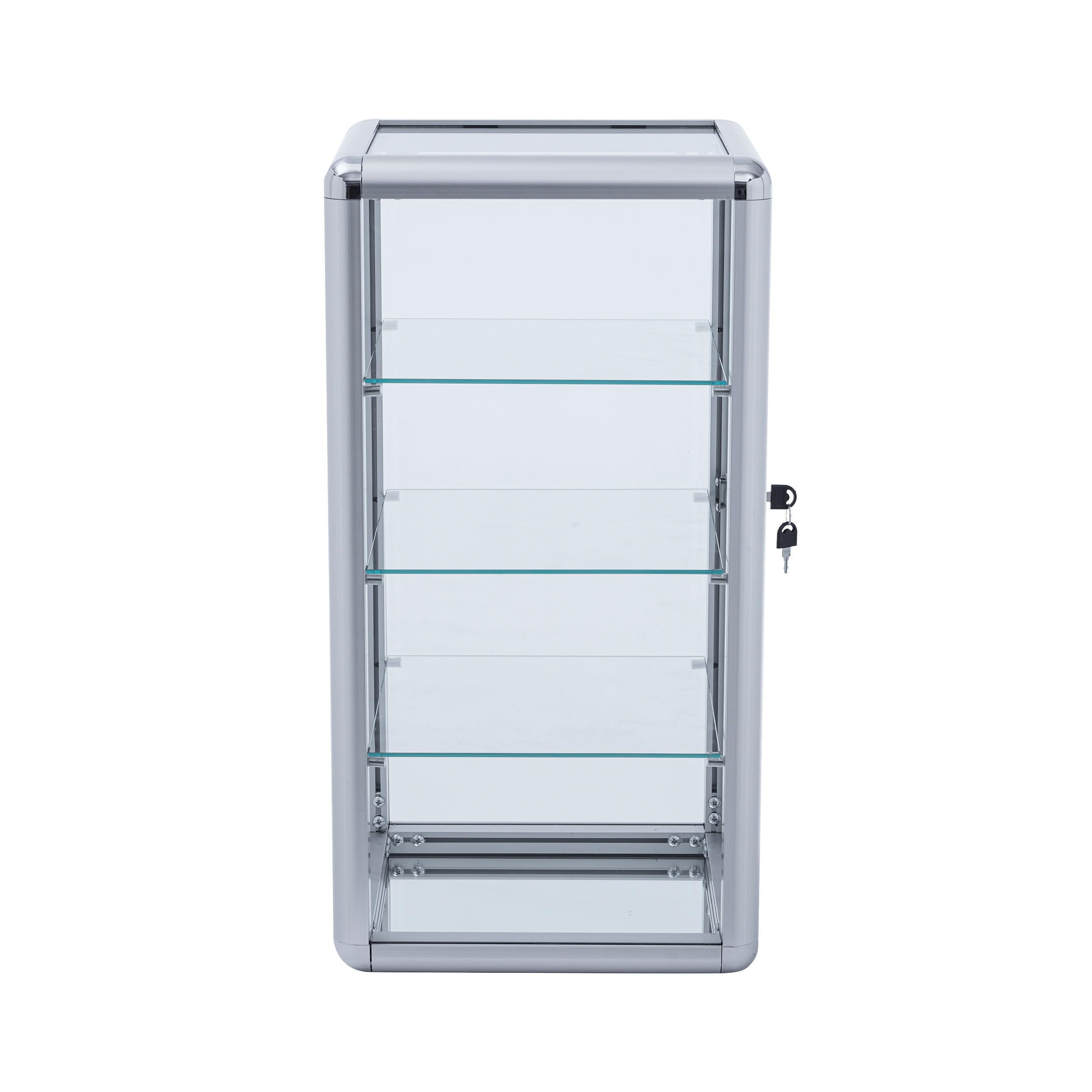 4-Tier Tempered Glass Display Case with Sliding Door & Lock - Silver Aluminum Frame Countertop Showcase (12