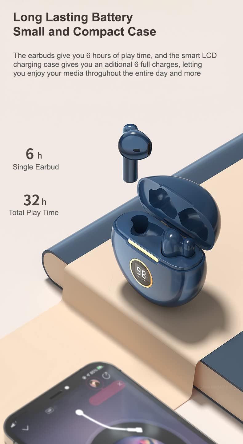Wireless Bluetooth 5.1 Earbuds, IPX7 Waterproof In-Ear Headphones with Mic, USB-C Rechargeable Case & LCD Display - Compatible with Android iOS Smartphones (Blue) - Perfect for Gym, Running & Travel