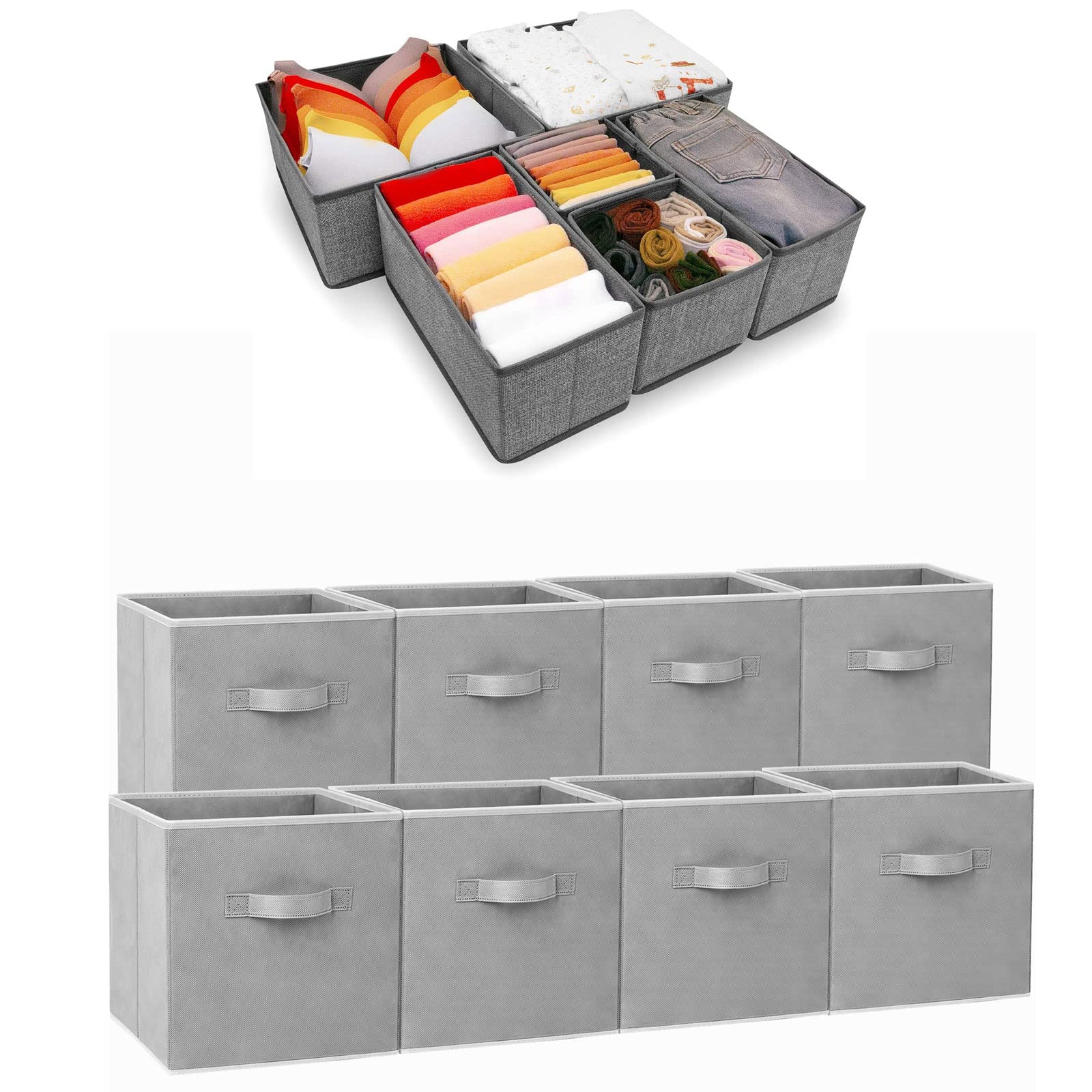 8-Pack 11-Inch Fabric Storage Cubes & 6-Pack Drawer Organizers for Bras, Socks & Underwear - Closet & Dresser Organization Solutions for Bedroom, Dorm, and Office Storage Needs