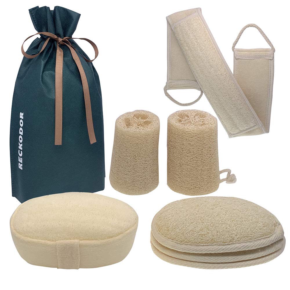 RECKODOR Natural Loofah Sponge Bath Set for Women & Men - Exfoliating Body Scrubber, Back Scrubber, Luffa Sponge & Exfoliating Pads - 7 in 1 SPA Gift Pack for Shower, Bath & Skin Care Routine